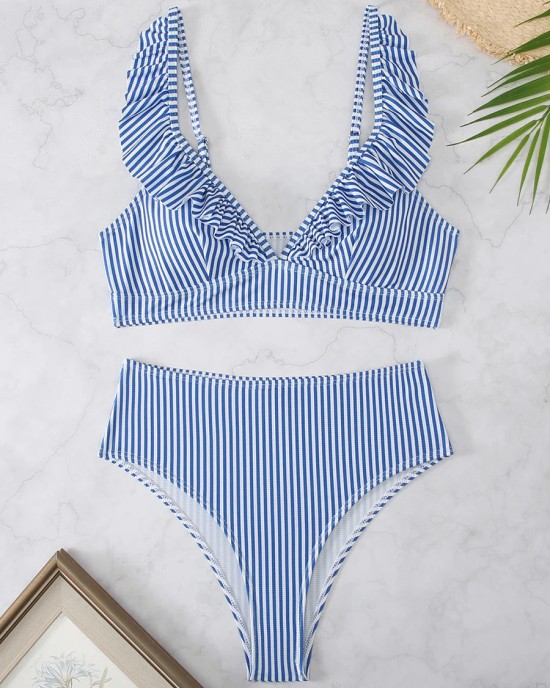 Striped Ruffle Trim Bikini High Waist Swimsuit