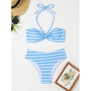 Halter String Stripe Bikini Set Padded Swimsuit