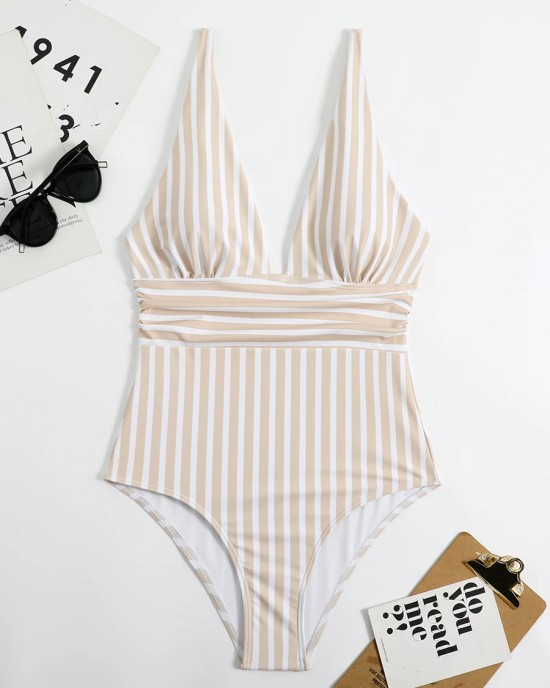 Striped One Piece Swimsuit Vintage Swimwear V-neck