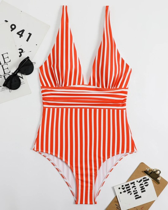 Striped One Piece Swimsuit Vintage Swimwear V-neck