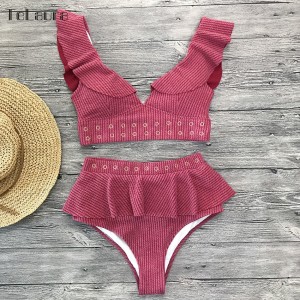 High Waist Push Up Ruffle Halter Bikinis