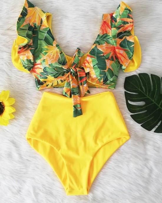 Floral Ruffled Hem Flora V-neck High-waisted Swimsuit