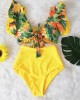 Floral Ruffled Hem Flora V-neck High-waisted Swimsuit