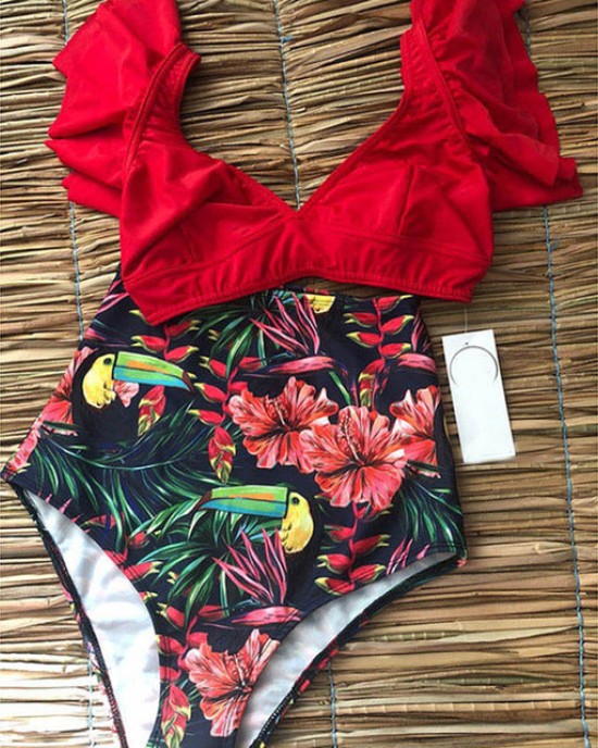 Floral Ruffled Hem Flora V-neck High-waisted Swimsuit