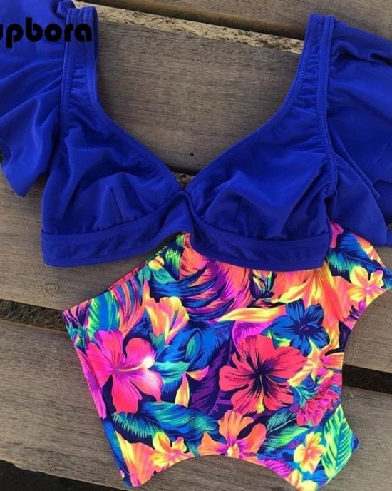 Floral Ruffled Hem Flora V-neck High-waisted Swimsuit