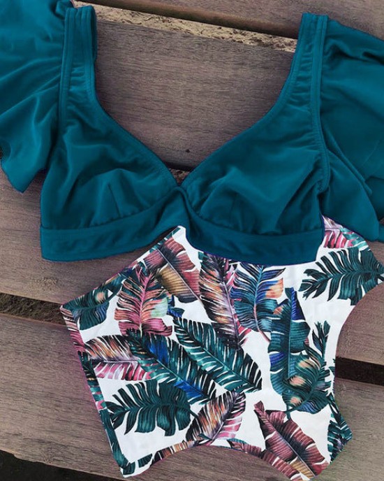 Floral Ruffled Hem Flora V-neck High-waisted Swimsuit