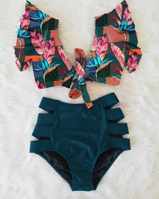 Floral Ruffled Hem Flora V-neck High-waisted Swimsuit