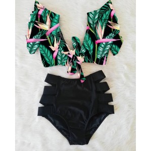 Floral Ruffled Hem Flora V-neck High-waisted Swimsuit