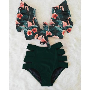 Floral Ruffled Hem Flora V-neck High-waisted Swimsuit