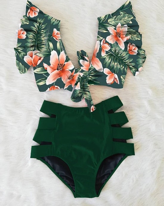 Floral Ruffled Hem Flora V-neck High-waisted Swimsuit