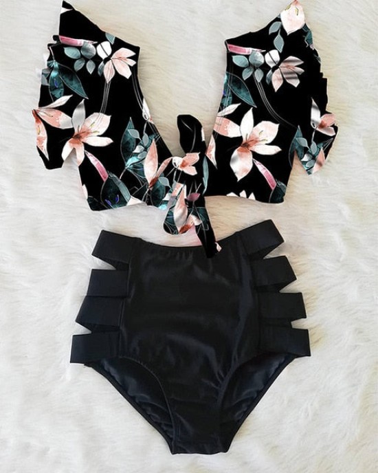 Floral Ruffled Hem Flora V-neck High-waisted Swimsuit