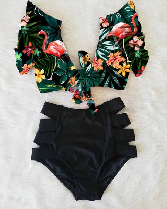 Floral Ruffled Hem Flora V-neck High-waisted Swimsuit