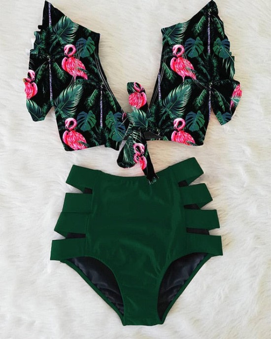 Floral Ruffled Hem Flora V-neck High-waisted Swimsuit