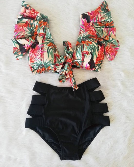 Floral Ruffled Hem Flora V-neck High-waisted Swimsuit