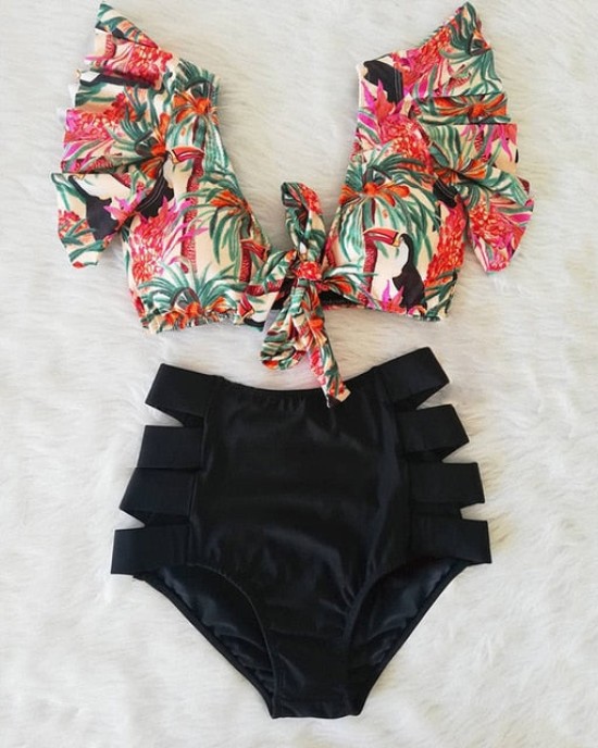 High Waist Bikini Ruffle Swimwear Women Print Bathing Suits Floral