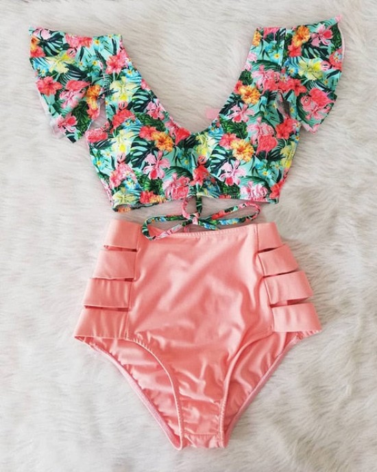 High Waist Bikini Ruffle Swimwear Women Print Bathing Suits Floral