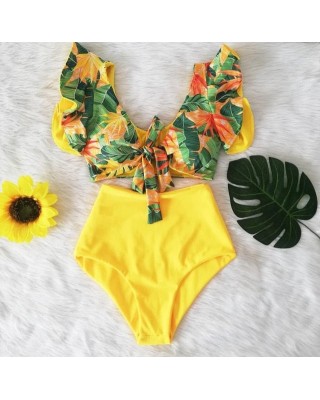 High Waist Bikini Ruffle Swimwear Women Print Bathing Suits Floral