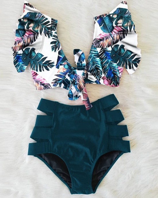 High Waist Bikini Ruffle Swimwear Women Print Bathing Suits Floral