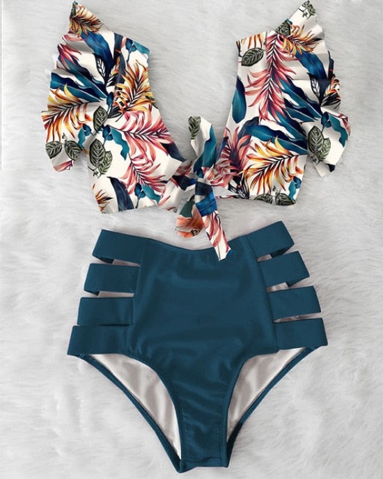 High Waist Bikini Ruffle Swimwear Women Print Bathing Suits Floral