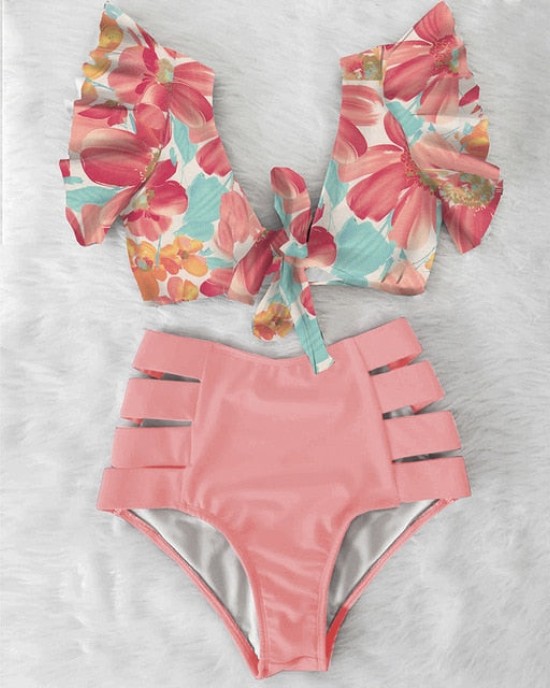 High Waist Bikini Ruffle Swimwear Women Print Bathing Suits Floral