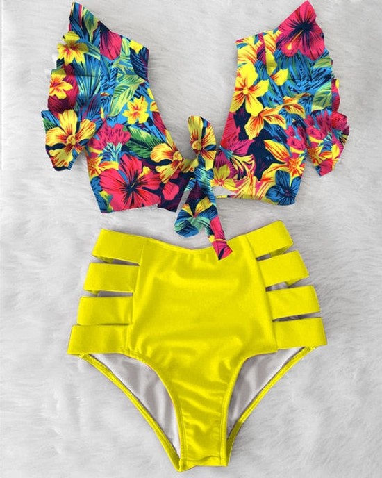 High Waist Bikini Ruffle Swimwear Women Print Bathing Suits Floral