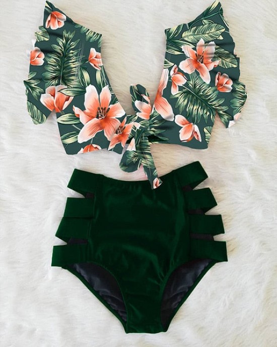 High Waist Bikini Ruffle Swimwear Women Print Bathing Suits Floral