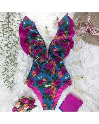 Print Swimwear Deep V-neck Ruffle Swimsuit Push Up One Piece