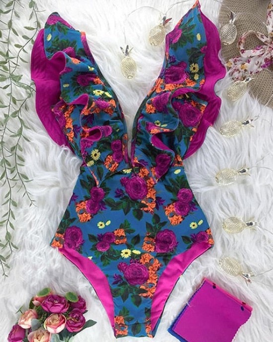 Print Swimwear Deep V-neck Ruffle Swimsuit Push Up One Piece