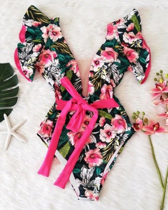 Print Swimwear Deep V-neck Ruffle Swimsuit Push Up One Piece