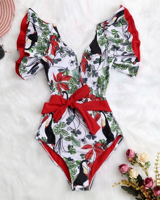 Print Swimwear Deep V-neck Ruffle Swimsuit Push Up One Piece