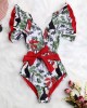 Print Swimwear Deep V-neck Ruffle Swimsuit Push Up One Piece