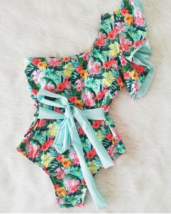 Print Swimwear Deep V-neck Ruffle Swimsuit Push Up One Piece