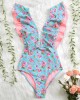 Print Swimwear Deep V-neck Ruffle Swimsuit Push Up One Piece