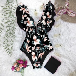 Print Swimwear Deep V-neck Ruffle Swimsuit Push Up One Piece