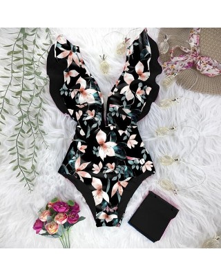 Print Swimwear Deep V-neck Ruffle Swimsuit Push Up One Piece