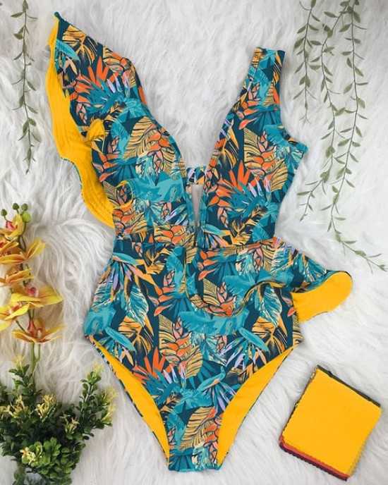 Print Swimwear Deep V-neck Ruffle Swimsuit Push Up One Piece