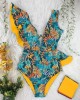 Print Swimwear Deep V-neck Ruffle Swimsuit Push Up One Piece