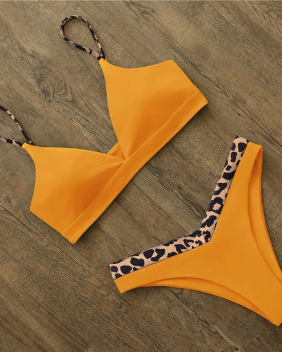 Solid And Leopard Push Up Padded Thong Swimsuit