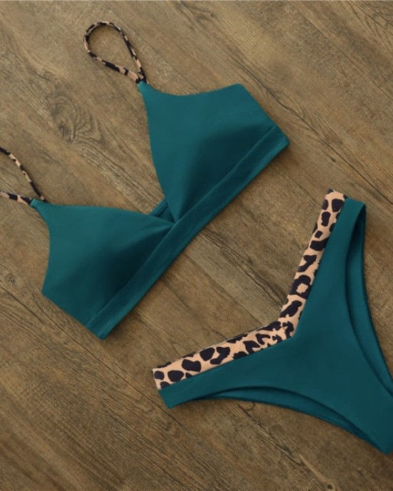 Solid And Leopard Push Up Padded Thong Swimsuit