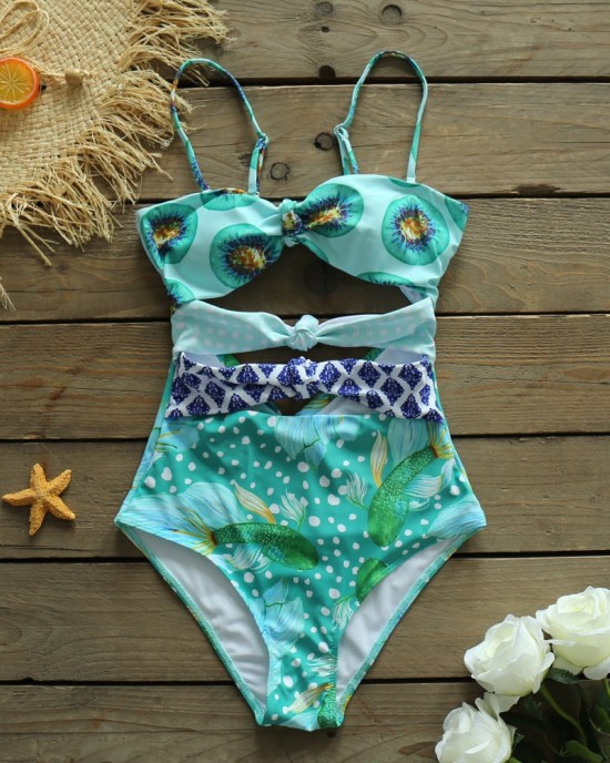 One Piece Swimsuit Bandeau Swimwear Floral Print Bathing Suit