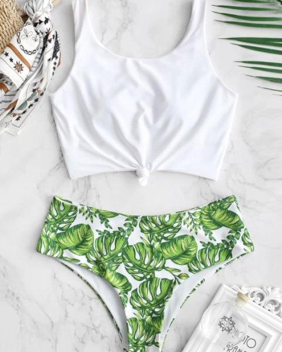 Tankini Tropical Leaf Knotted Bikini Set