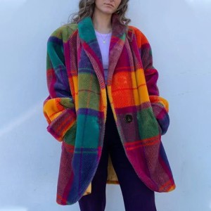 2025 Women's Long sleeved Polo Collar Colored Coat Printed Woolen Long Coat