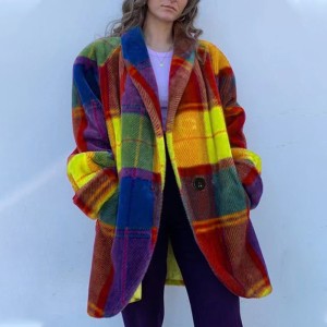 2025 Women's Long sleeved Polo Collar Colored Coat Printed Woolen Long Coat