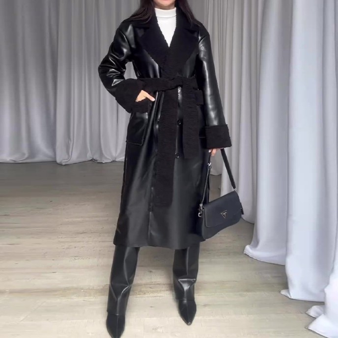 2025 new fashion retro fur stitching knee-length temperament coat woman 2025 new fashion retro fur stitching knee-length temperament coat woman