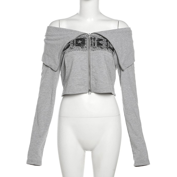 Autumn fashion women's new long-sleeved one-shoulder slim zipper cardigan printed sweater Autumn fashion women's new long-sleeved one-shoulder slim zipper cardigan printed sweater