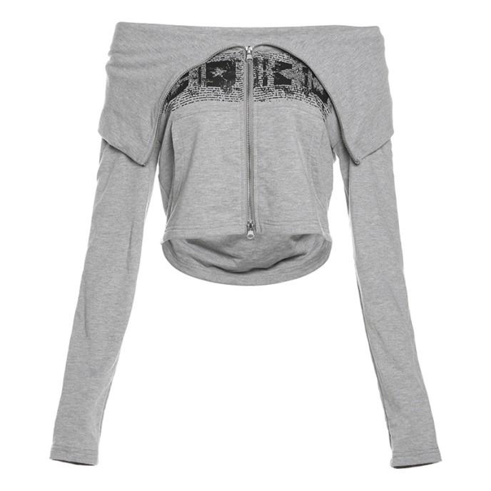 Autumn fashion women's new long-sleeved one-shoulder slim zipper cardigan printed sweater Autumn fashion women's new long-sleeved one-shoulder slim zipper cardigan printed sweater
