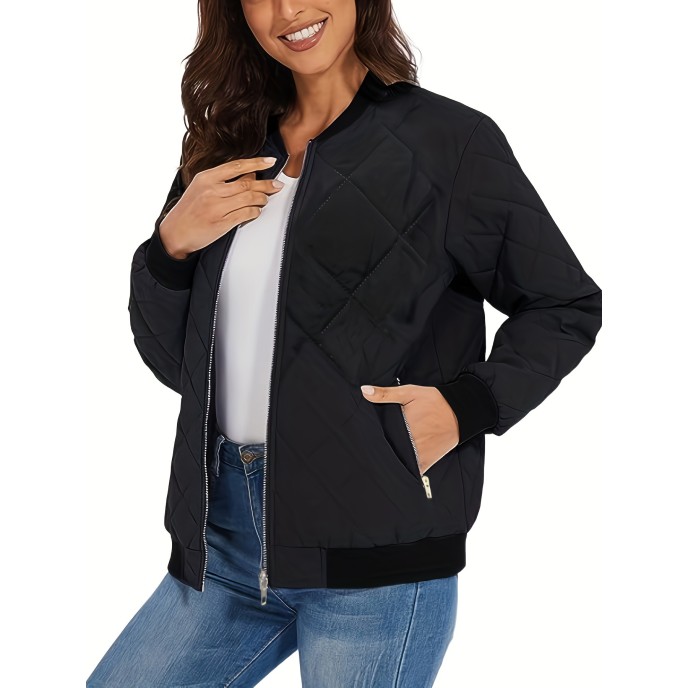Jacket fashion solid color round neck long sleeve zipper casual commuter jacket women Jacket fashion solid color round neck long sleeve zipper casual commuter jacket women