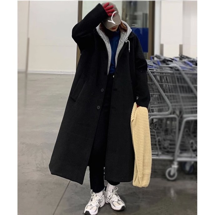 Black woolen coat jacket 2023 autumn/winter new Korean version loose knee length thickened girl's woolen coat jacket Black woolen coat jacket 2023 autumn/winter new Korean version loose knee length thickened girl's woolen coat jacket