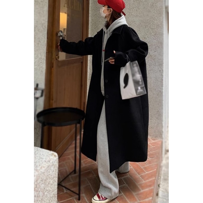 Black woolen coat jacket 2023 autumn/winter new Korean version loose knee length thickened girl's woolen coat jacket Black woolen coat jacket 2023 autumn/winter new Korean version loose knee length thickened girl's woolen coat jacket