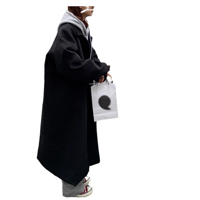 Black woolen coat jacket 2023 autumn/winter new Korean version loose knee length thickened girl's woolen coat jacket Black woolen coat jacket 2023 autumn/winter new Korean version loose knee length thickened girl's woolen coat jacket